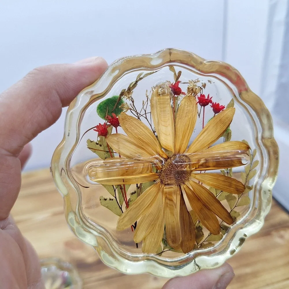 Lot of 2 Vintage Daisies Lucite Coasters Real‎ Pressed Flowers Hippie McM Ribbed